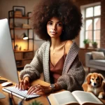 DALL·E 2025-02-19 21.50.01 - An African American woman with a big curly afro, sitting at her desk typing an article on her computer. She has a focused expression, and her dog is l
